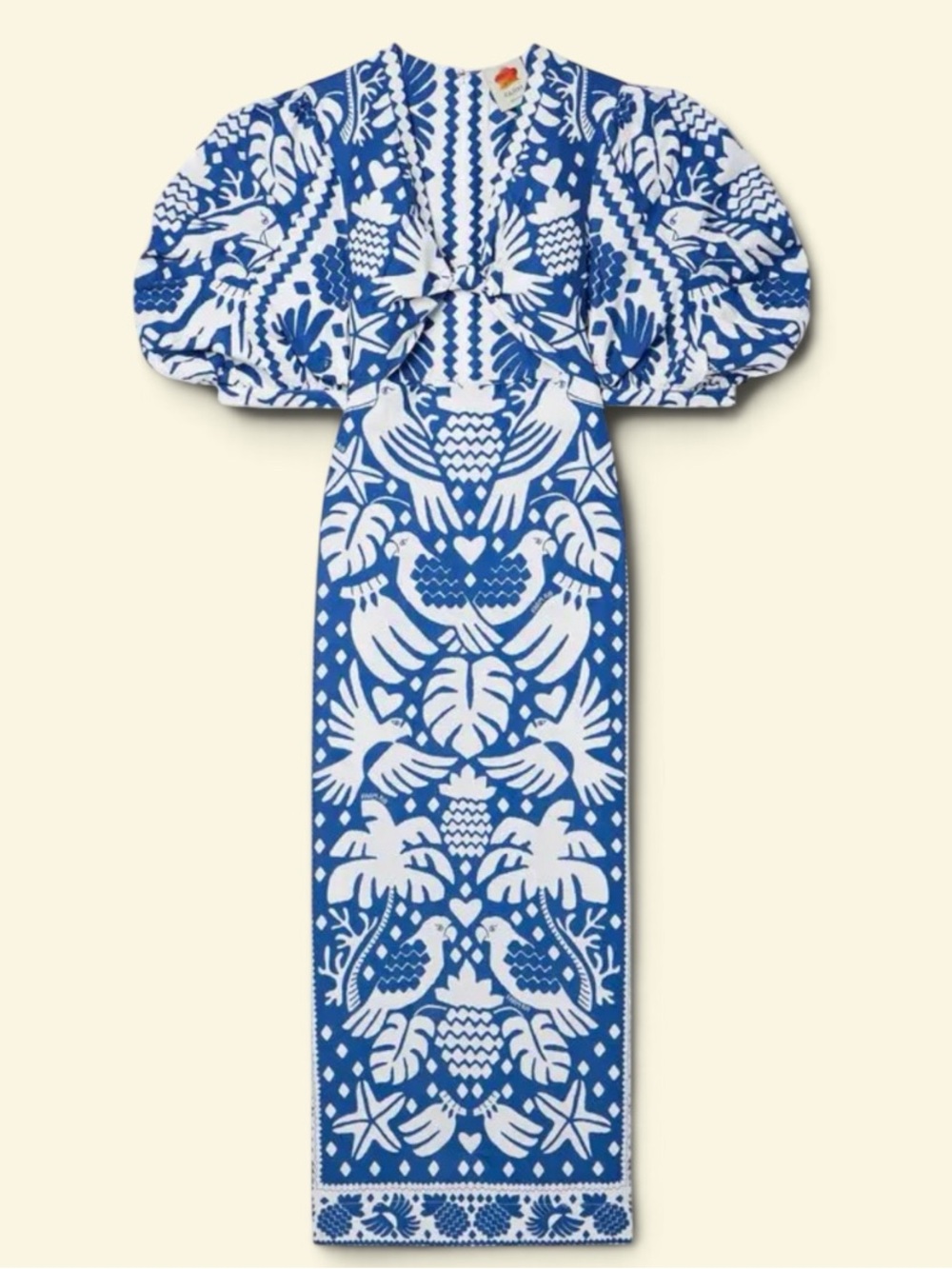 Farm Rio Jungle Scarf Puff Sleeve Cutout Linen Blend Dress In Navy Blue Size S - Picture 1 of 16